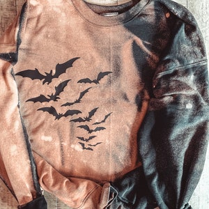 Spooky Season Bats 90% cotton crewneck; acid wash split bleach sweatshirt; Halloween and fall attire; aesthetic Halloween; bats both sides