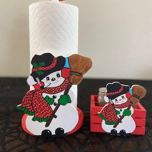 Lindo suporte de papel toalha de boneco de neve e suporte de cesta de saleiro e pimenteiro