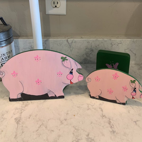 Farm Pig Paper Towel Holder and Farm Pig Napkin Holder Handmade & Painted