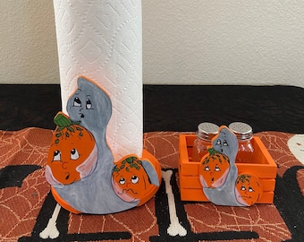 Friendly Ghost and Pumpkin Paper Towel Holder and Matching Salt & Pepper Shakers with Basket