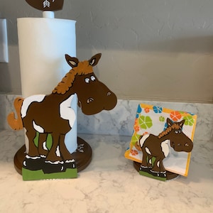 Matching Fun Cute Horse Paper Towel Holder & Horse Napkin Holder Brown