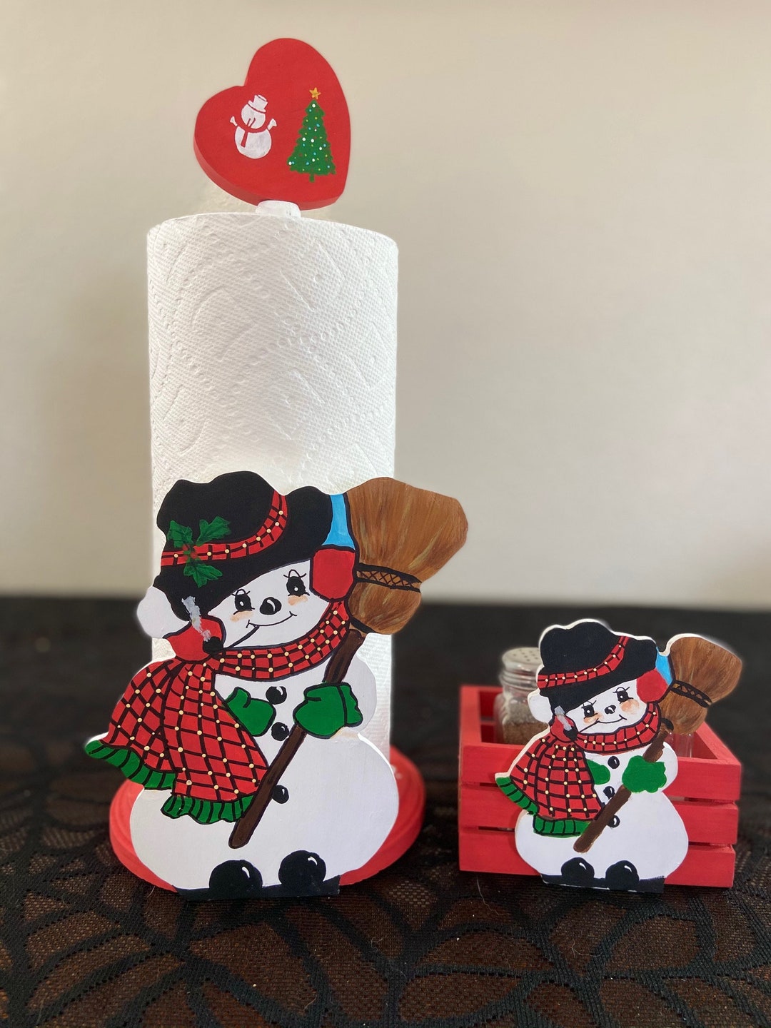 Cute Snowman Paper Towel Holder and Salt & Pepper Shaker Basket Holder