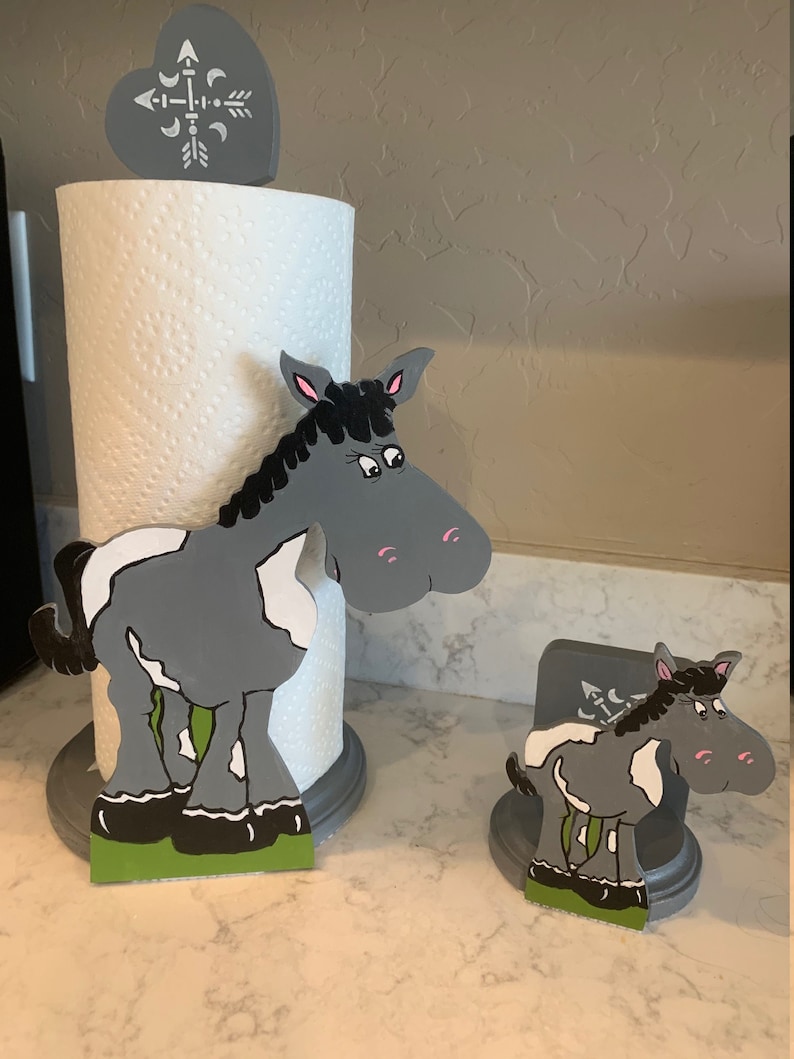 Matching Fun Cute Horse Paper Towel Holder & Horse Napkin Holder Gray