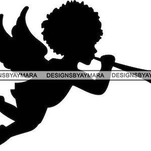 Black Baby Angel Gabriel Blowing Trumpet Silhouette Afro Flying Sky Heaven Wings Spiritual Illustration Vector SVG PNG JPG Cutting Files