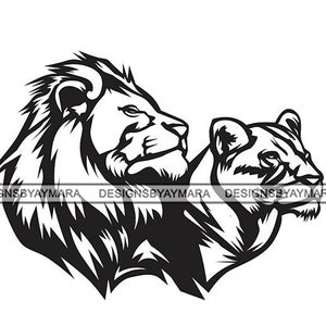 Lion and Lioness Male Female Watching Wild Animals Nature Jungle Africa Predator Tattoo Outline  Graphic Vector SVG PNG JPG Cutting Files