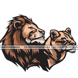 Lion and Lioness Male Female Watching Wild Animals Nature Jungle Africa Predator Wildlife Tattoo  Graphic Vector SVG PNG JPG Cutting Files