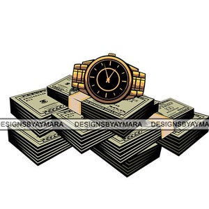 May include: A gold watch with a black face sits on top of a stack of US dollar bills.