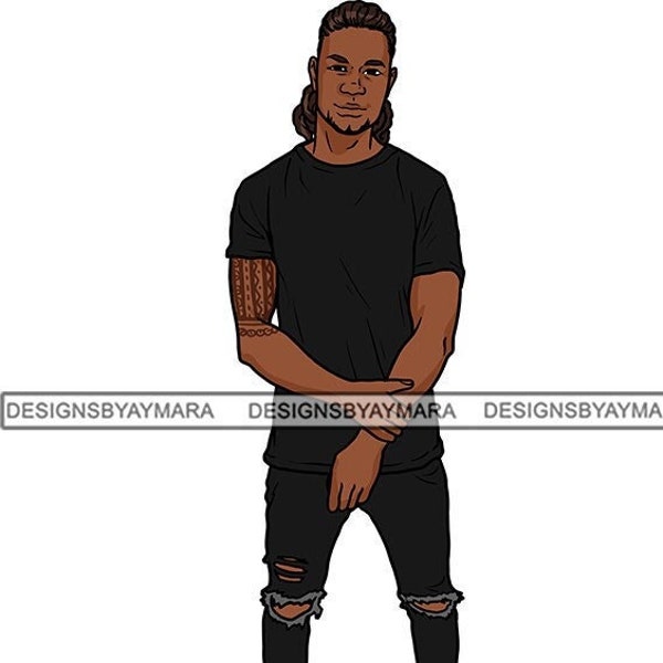 Handsome Young Black Man Short Sleeve Black T Shirt Ripped Jeans Dreads Locs Tattoo Standing Illustration Vector SVG JPG PNG Cutting Files