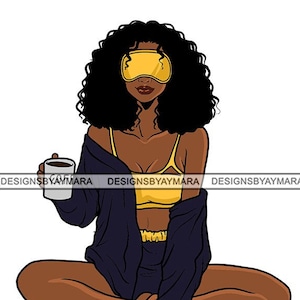 Young Black Woman Wearing Yellow Sleep Mask Yellow Pajamas Black Robe Holding Coffee Sitting Legs Crossed Vector SVG JPG PNG Cutting Files