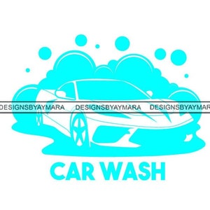 Puede incluir: Una silueta azul de un coche que se lava con burbujas de jabón. El texto "CAR WASH" está debajo del coche.
