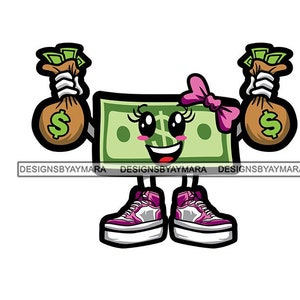 Girl Dollar Bill With Bow Holding Two Bags Money  Cash Wearing Big Purple Sneakers Cartoon Illustration Vector SVG JPG PNG Cutting Files