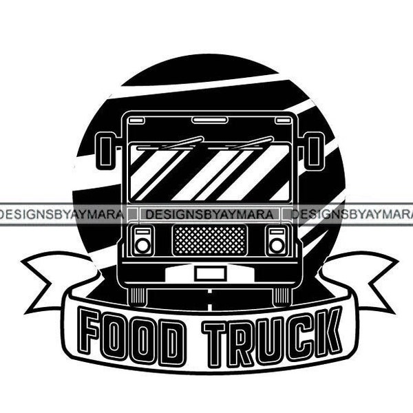 Food Truck Icon Logo Ribbon Street Lunch Food Eating Restaurant Take Out Vehicle Business Vector Graphic Catering Festival Café SVG PNG JPG