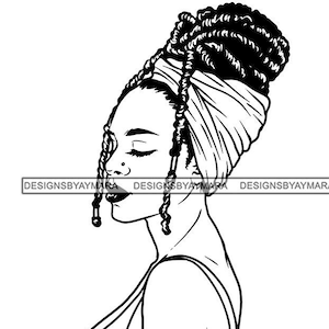 Black Woman With Long Beaded Dreads Locs Sister Locs Wrapped In Headwrap Bw Coloring Outline Illustrations Vector SVG JPG PNG Cutting Files