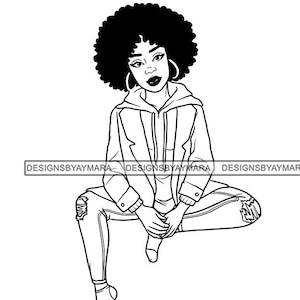 African American Woman Sitting Big Afro Ripped Jeans Hoodie In Socks Hoops Sip Paint Outline Illustration Vector SVG JPG PNG Cutting Files