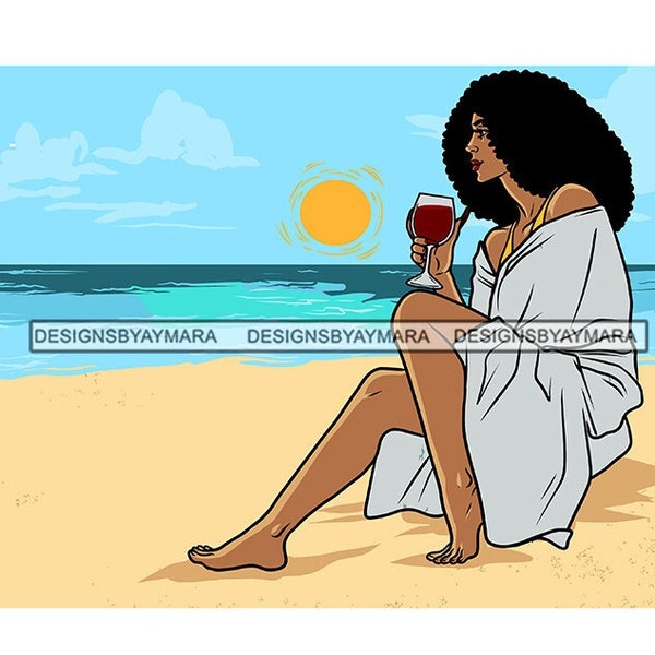 Black Woman Sitting Beach Sand Robe Ocean Sun Blue Water Sky Bushy Hair Glass Wine Barefoot Sea  SVG PNG JPG Cutting Designs Print Cricut