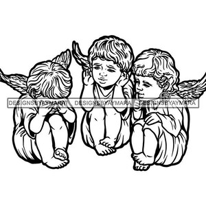 See Hear Speak No Evil Three Cherubs Angels Wings Gray Clay Ornament  Outline Statues Plague Graphic SVG PNG JPG Cricut Cutting Design Print