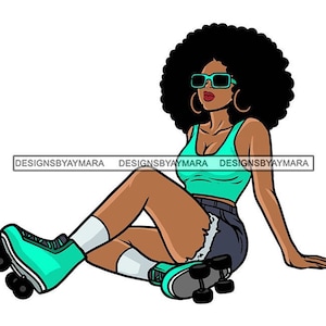 Black Woman Big Afro Skater Skates Turquoise Tank Top Jean Shorts  White Socks Arena Sunglasses Graphic SVG JPG  PNG Cricut Cutting Designs