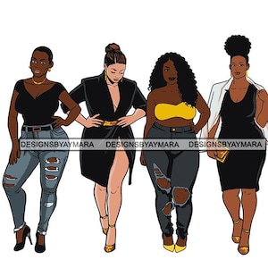 Friends Ladies Night Girls Four Black Women Plus Size Blue Ripped Jeans Heels Dress Afro Curls Yellow Top Vector SVG JPG PNG Cutting Files