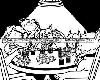 Pitbull Perros Jugando Poker Casino Juego Jugador Apuestas Mafia Chip Dinero Animal Canino Doméstico SVG PNG JPG Corte Vector Diseños Cricut Imprimir