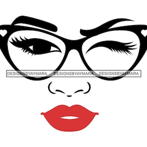 Frau Gesicht Feature Gesichts Brille Augenzwinkern Augen Rote Lippen Augenbrauen Schönheit Illustration Grafik SVG PNG JPG Cricut Schneide Designs Druck