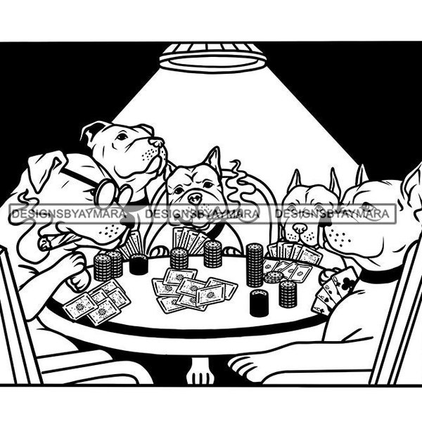 Pitbull Dogs Playing Poker Casino Game Gambler Gambling Mafia Chip Money Animal Canine Domestic SVG PNG JPG Cut Vector Designs Cricut Print