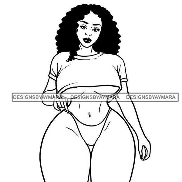 Plus Size Woman In Bikini Thong Underwear and Short Shirt Breast Thick Thighs Outline Coloring Illustration Vector SVG JPG PNG Cutting Files