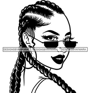 Woman Female Young Lady Cornrows Sunglasses Head Shoulder Hoops Tank Black White Illustration Graphic PNG SVG Cricut Cutting Design Print