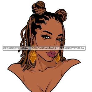 Beautiful Black Woman With Dreads Locs Sister Locs Two Bantu Knots Posing Facial Gold Earring Illustrations Vector SVG JPG PNG Cutting Files