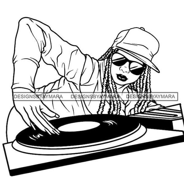 Young Woman Dj With Sister Locs  Hair Baseball Cap Sunglasses Turntable Scratching Records Illustrations Vector SVG JPG PNG Cutting Files