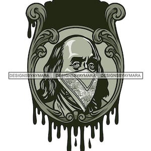 May include: A green illustration of a person's face with a bandana covering their mouth and nose. The face is surrounded by a dripping, green, ornate frame.