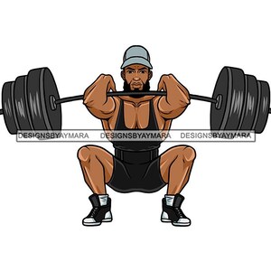 May include: A man wearing a grey baseball cap and black shorts is squatting while lifting a barbell. The barbell has black weight plates on each end.