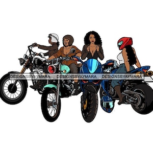 Black Friends Four Women Bikers Ride Road Motorcycles Red White Helmet Wheels Motorbike Speed Graphic PNG SVG Cricut Cutting Design Printing