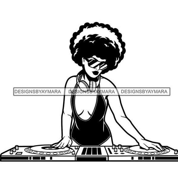 Woman Female Dj Disc Jockey Music Scratch Sounds Tank Top Spinning Turntable Headphones  Illustration Vector SVG JPG PNG Cutting Files