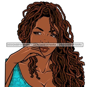 Young Black Woman With Long Dreads Curly Locs Hand on Chin Facial Portrait Female Sister Turquoise Top Vector SVG JPG PNG Cutting Files