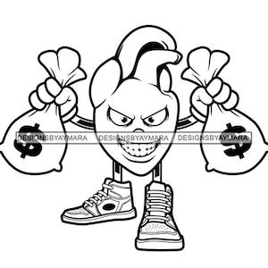 Personagem de saco de dinheiro de desenho animado segurando sacos de dinheiro em tênis Rosto irritado Esboço do mal Hustler Hustler e Money Hustle SVG Cutting, PNG JPG
