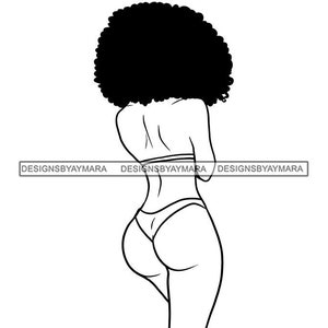 Sexy African American Woman In Thongs With Big Afro Back Facing Butt Hips Sip Paint Outline Illustration Vector SVG JPG PNG Cutting Files