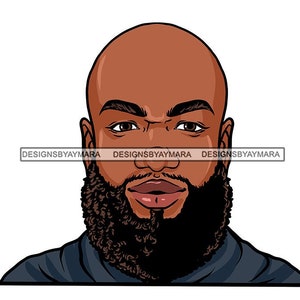 May include: A digital illustration of a man with a dark brown complexion. He has a short, neatly trimmed beard and a short, neatly trimmed mustache. He is wearing a dark blue shirt.