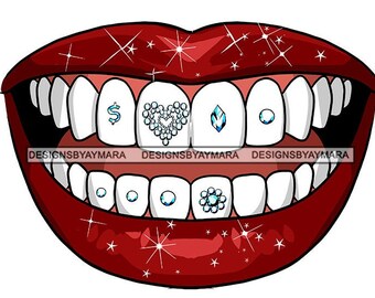 Woman Red Lips Smiling Showing Diamond Crystal Gems Teeth Dental White Gemz Tooth Jewelry SVG PNG JPG Cutting Vector Designs Cricut Print