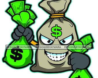 Tied Bag of Cash Character Holding Green Bags of Cash Evil Teeth Smiling Evil Eyes Cartoon  Illustration Money Hustle SVG Cutting PNG JPG