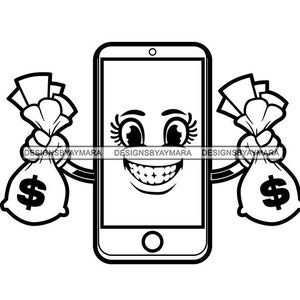 Rosto Feminino Celular Celular Segurando 2 Sacos Dinheiro Dinheiro Olhos Sorridentes Cílios Personagem De Desenho Animado Ilustração Money Hustle SVG Corte PNG JPG