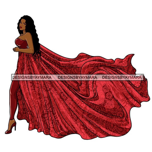 Beautiful Black Woman  Long Red Dress Top Red Red Pants Heels Modeling Wedding Classy Goddess Illustration Vector SVG JPG PNG Cutting Files