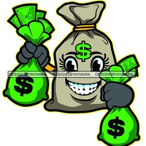 Gray Tied Bag of Cash Female Character Holding Green Bags of Cash Eyes Teeth Smiling Cartoon  Illustration Money Hustle SVG Cutting PNG JPG