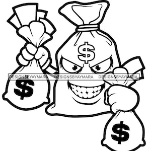 Taschen von Cash Charakter Halten Taschen von Bargeld Böse Zähne lächelnd Böse Augen Cartoon Outline Bw Illustration Money Hustle SVG Plotter PNG JPG