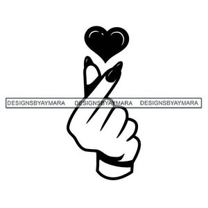 May include: Black and white illustration of a hand making the Korean heart sign with a black heart above the hand.