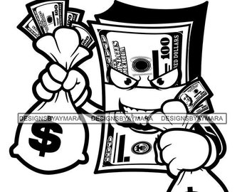 Cartoon Character Stack of Dollar Bills With A Face Holding Bags of Cash Evil Smiling Illustration Outline Money Hustle SVG Cutting PNG JPG
