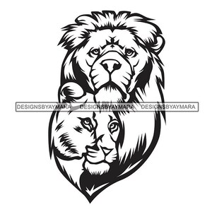 Lioness and Lion Cub Feline Big Cat Female Baby Mother Jungle Africa Coloring Page Tattoo Outline  Graphic Vector SVG PNG JPG Cutting Files