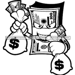 Cartoon Charakter Stapel Dollar Geldscheine mit Einem Gesicht Halten Taschen des Geldes Böse Lächeln Illustration Umriss Geld Hustle SVG Cutting PNG JPG