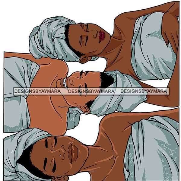 Three Black Ladies Heads Wrapped In Blue Towels Robes Spa Day Sauna Relaxation Massage Salon Illustrations Vector SVG JPG PNG Cutting Files