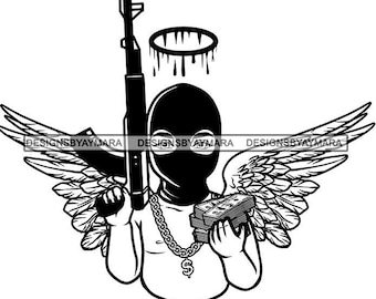 Gangster Angel Baby Boy draagt skimasker Holding geweer Geld Stack Inbreker Hustler Hustle SVG PNG JPG Snijden Vector Ontwerpen Cricut Print