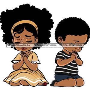 Two Black Children Boy Girl Praying Afro Hands Faith Knees Tan Dress Headband Blue White TShirt Shorts PNG SVG Cricut Cutting Design Print